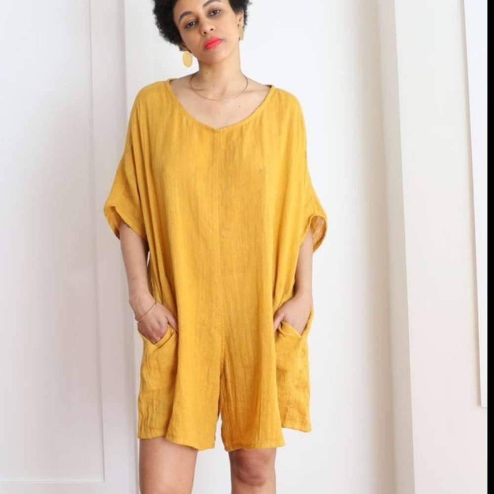 Gravel and Gold Yellow Linen Oversized Rancho Romper